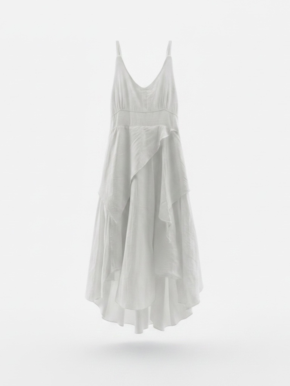 blanc du nil White Layered Cotton Hippie Boho Coastal V-Neck Midi Strap Dress